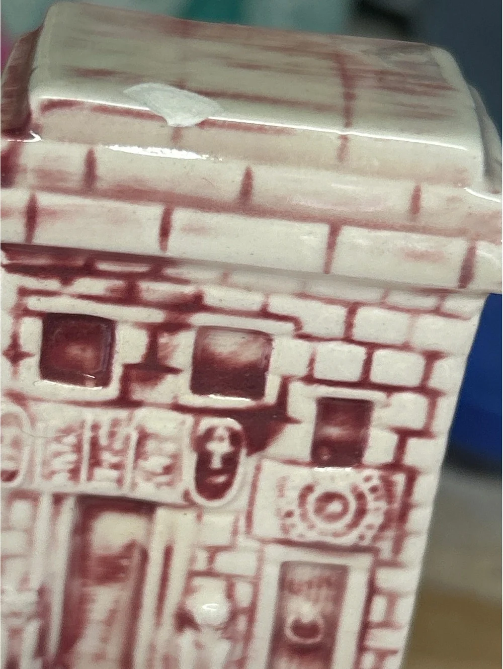 Vintage Ceramic Figurine of a Building with Red Detailing